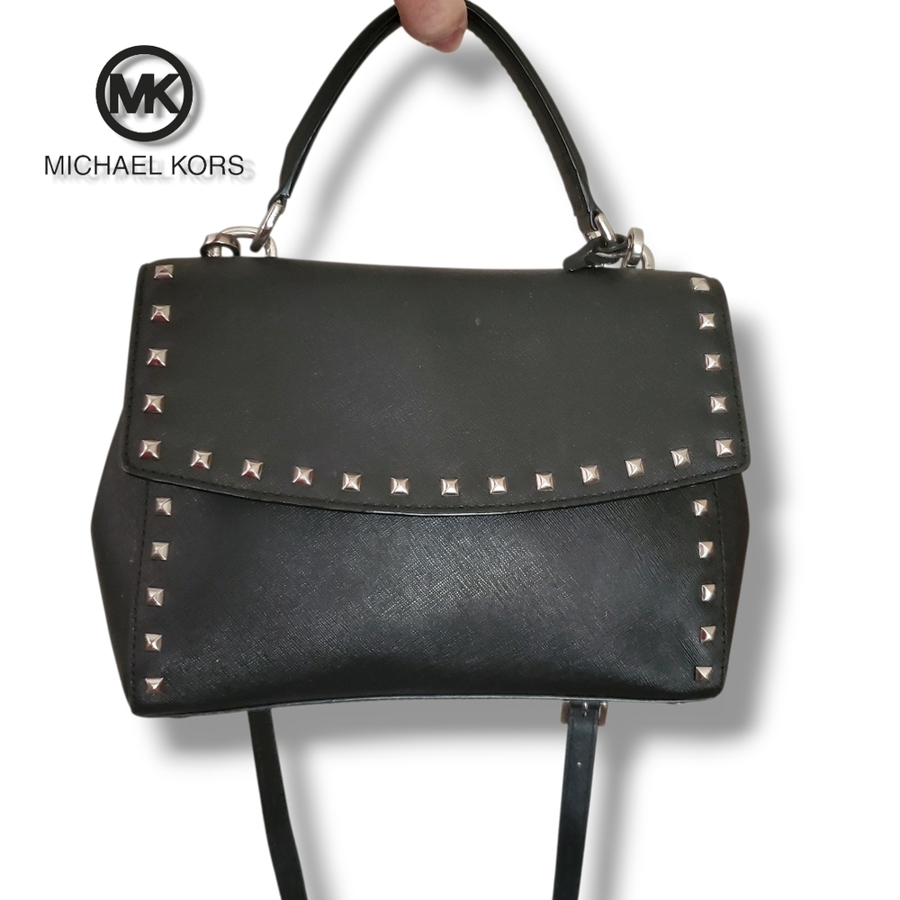 Michael KORS Black Saffiano Leather Top Handle Silver Studded Crossbody Satchel - Picture 3 of 17